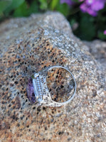 14k white gold c.1920's filigree Deco amethyst & seed pearl ring