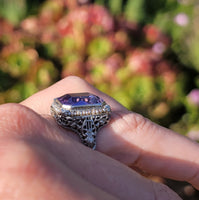 14k white gold c.1920's filigree Deco amethyst & seed pearl ring