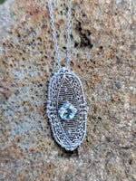 14k white gold c.1920's filigree Aquamarine pendant necklace