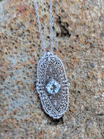 14k white gold c.1920's filigree Aquamarine pendant necklace