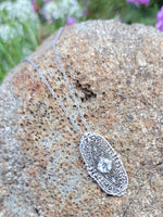 14k white gold c.1920's filigree Aquamarine pendant necklace