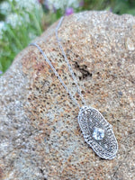 14k white gold c.1920's filigree Aquamarine pendant necklace