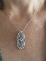 14k white gold c.1920's filigree Aquamarine pendant necklace