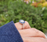 platinum European cut diamond & blue sapphire halo target ring