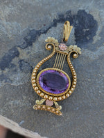 14k yellow & rose gold Victorian amethyst floral lyre HARP necklace pendant lavaliere