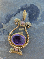 14k yellow & rose gold Victorian amethyst floral lyre HARP necklace pendant lavaliere