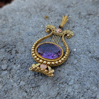 14k yellow & rose gold Victorian amethyst floral lyre HARP necklace pendant lavaliere