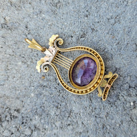 14k yellow & rose gold Victorian amethyst floral lyre HARP necklace pendant lavaliere