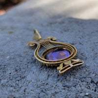 14k yellow & rose gold Victorian amethyst floral lyre HARP necklace pendant lavaliere