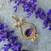 14k yellow & rose gold Victorian amethyst floral lyre HARP necklace pendant lavaliere