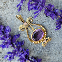 14k yellow & rose gold Victorian amethyst floral lyre HARP necklace pendant lavaliere
