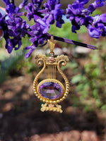 14k yellow & rose gold Victorian amethyst floral lyre HARP necklace pendant lavaliere