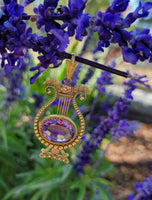 14k yellow & rose gold Victorian amethyst floral lyre HARP necklace pendant lavaliere