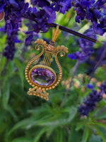 14k yellow & rose gold Victorian amethyst floral lyre HARP necklace pendant lavaliere