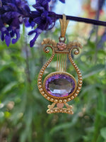 14k yellow & rose gold Victorian amethyst floral lyre HARP necklace pendant lavaliere