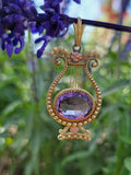 14k yellow & rose gold Victorian amethyst floral lyre HARP necklace pendant lavaliere