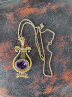 14k yellow & rose gold Victorian amethyst floral lyre HARP necklace pendant lavaliere