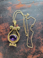 14k yellow & rose gold Victorian amethyst floral lyre HARP necklace pendant lavaliere