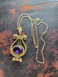 14k yellow & rose gold Victorian amethyst floral lyre HARP necklace pendant lavaliere