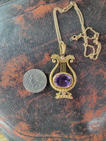 14k yellow & rose gold Victorian amethyst floral lyre HARP necklace pendant lavaliere