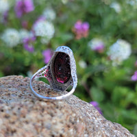 14k white gold Art Deco Garnet filigree Ring
