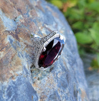 14k white gold Art Deco Garnet filigree Ring