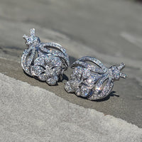 14k white gold RETRO 126 diamond cluster estate earrings - apx 3ct tw