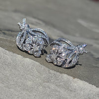 14k white gold RETRO 126 diamond cluster estate earrings - apx 3ct tw