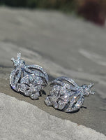 14k white gold RETRO 126 diamond cluster estate earrings - apx 3ct tw