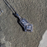 14k white gold Deco c.1920's filigree diamond pendant necklace