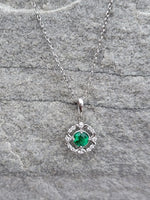 14k gold white gold Emerald & diamond DECO style studs halo pendant necklace NEW