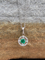 14k gold white gold Emerald & diamond DECO style studs halo pendant necklace NEW