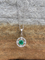 14k gold white gold Emerald & diamond DECO style studs halo pendant necklace NEW