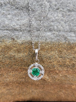 14k gold white gold Emerald & diamond DECO style studs halo pendant necklace NEW