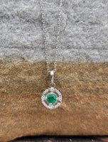 14k gold white gold Emerald & diamond DECO style studs halo pendant necklace NEW