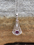 14k white gold c.1920's filigree garnet pendant necklace