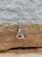 14k white gold c.1920's filigree garnet pendant necklace