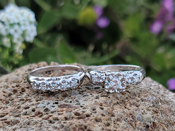 14k white gold vintage diamond bridal set - apx .31ct tw