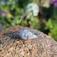 18k white gold diamond & pink sapphire heart c.1920's filigree Ring