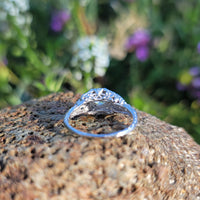 18k white gold diamond & pink sapphire heart c.1920's filigree Ring