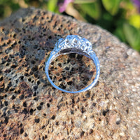 18k white gold diamond & pink sapphire heart c.1920's filigree Ring