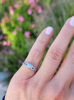 18k white gold Deco European cut diamond & blue sapphire estate ring