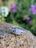 18k white gold Deco European cut diamond & blue sapphire estate ring