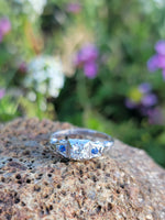 18k white gold Deco European cut diamond & blue sapphire estate ring