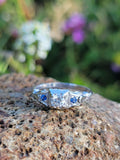 18k white gold Deco European cut diamond & blue sapphire estate ring