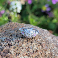 18k white gold diamond & pink sapphire heart c.1920's filigree Ring