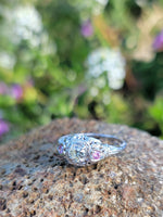 18k white gold diamond & pink sapphire heart c.1920's filigree Ring