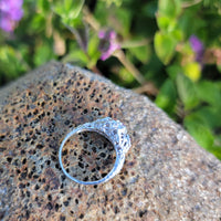 18k white gold diamond & pink sapphire heart c.1920's filigree Ring