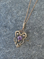 9ct gold Victorian amethyst & seed pearl necklace pendant lavaliere pin