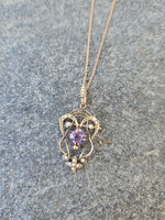 9ct gold Victorian amethyst & seed pearl necklace pendant lavaliere pin